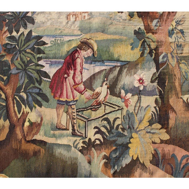 Art Nouveau Antique French Aubusson Tapestry With Woodland Scene Surrounded by Floral Border 3'7 X 5'0 For Sale - Image 3 of 6