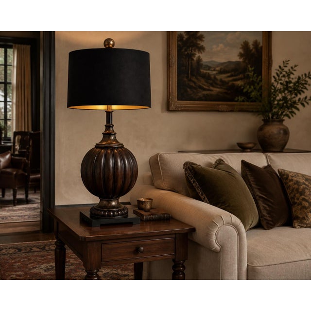 LARGE VINTAGE FLUTED STATEMENT TABLE LAMP WITH BLACK & GOLD DRUM SHADE Commanding in scale and beautifully sculptural,...