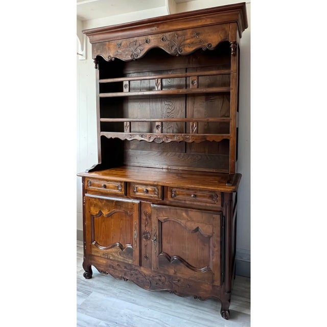 Wonderful antique 18th century French Fruitwood open top dish cupboard. Two piece construction with the top ha;f having...