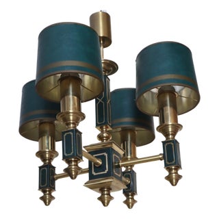 Empire Dark Green Leather and Brass Four-Arm Chandelier, France, 1960s For Sale