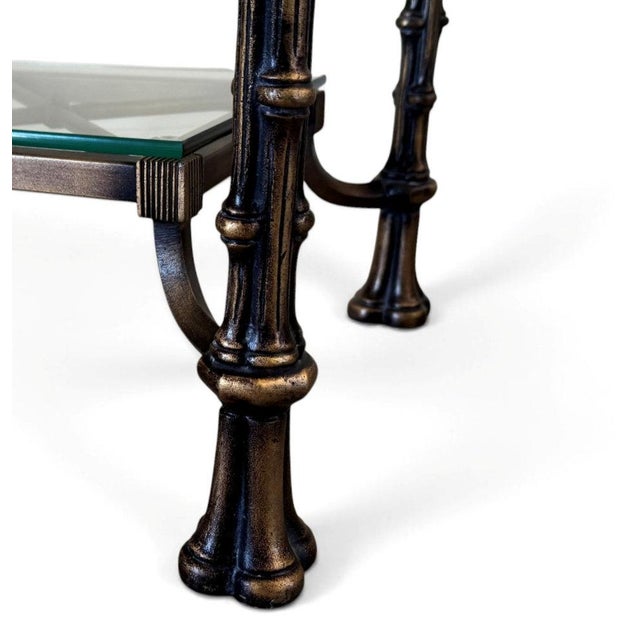 Hollywood Regency Bronzed Metal Faux Bamboo Console Table With Palm Tree Finials For Sale - Image 11 of 12