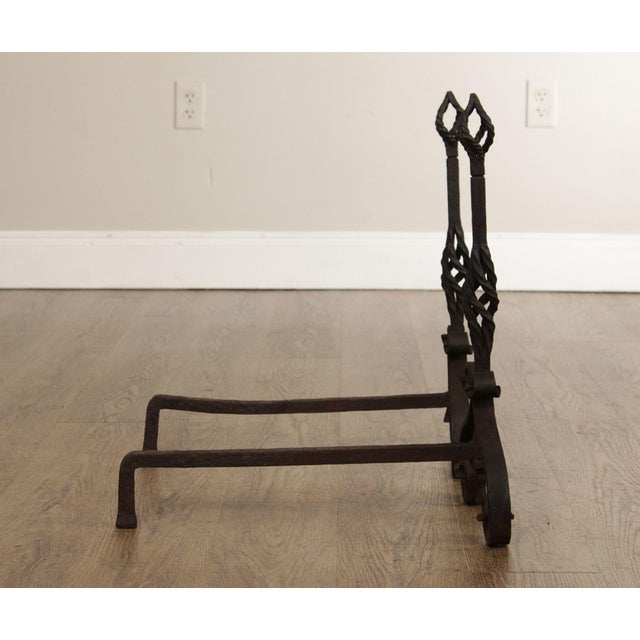 Antique Arts & Crafts Pair of Wrought Iron Fireplace Andirons For Sale - Image 9 of 12