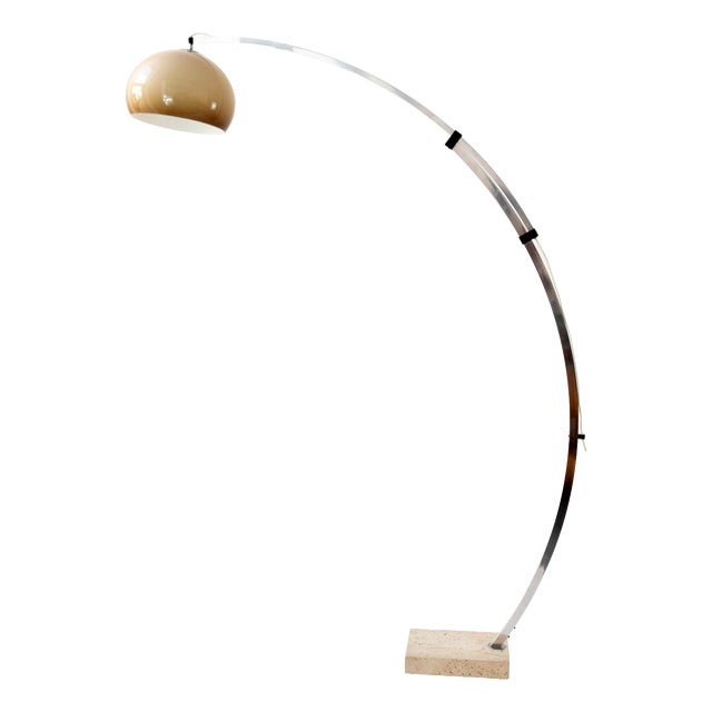 Space Age Arc Floor Lamp with Travertine Base attributed to Goffredo Reggiani, Italy, 1970s For Sale