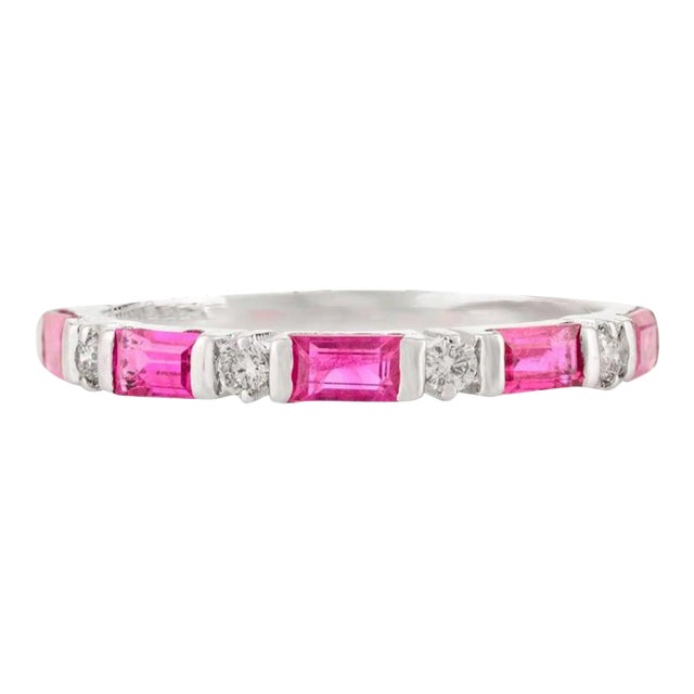 Alternate Baguette Cut Ruby Diamond Band Ring in 14k Solid White Gold Size 7 For Sale