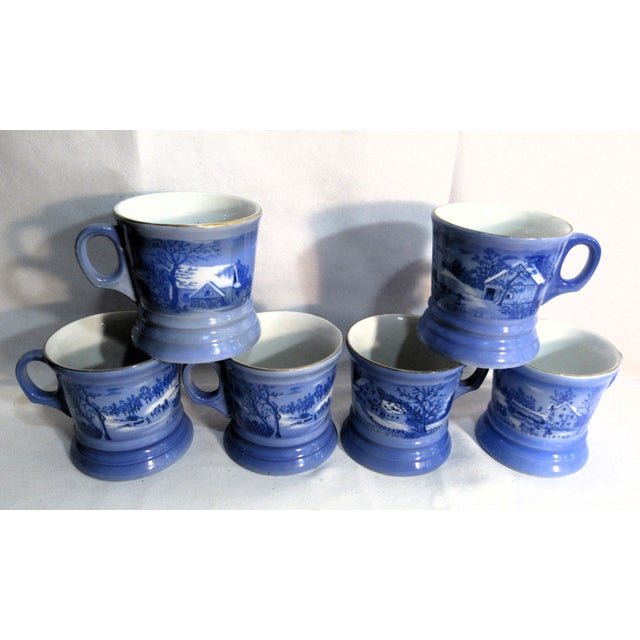 Mid-Century Modern Mid 20th Century Currier & Ives Set of 6 Cups Blue Mugs For Sale - Image 3 of 10