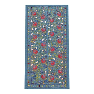 Blue Silk Suzani Wall Decor With Red Pomegranates For Sale