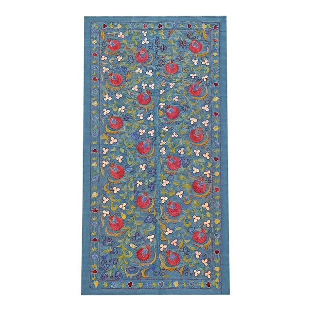 Blue Silk Suzani Wall Decor With Red Pomegranates For Sale
