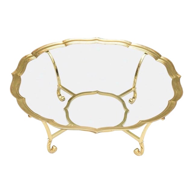 LaBarge Round Brass and Glass Coffee Table With Scalloped Edges. For Sale