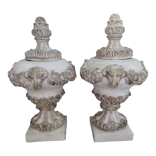 Vintage Concrete Urns With Rams Heads & Garlands For Sale