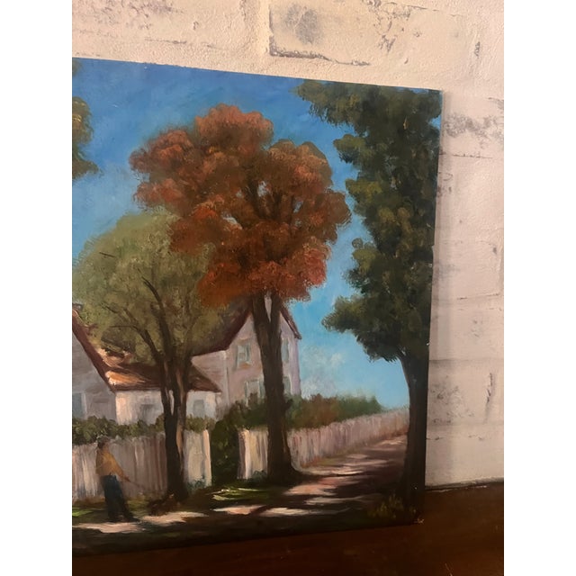 Beautiful original landscape painting depicting a charming village or country setting with mature trees, autumn foliage,...
