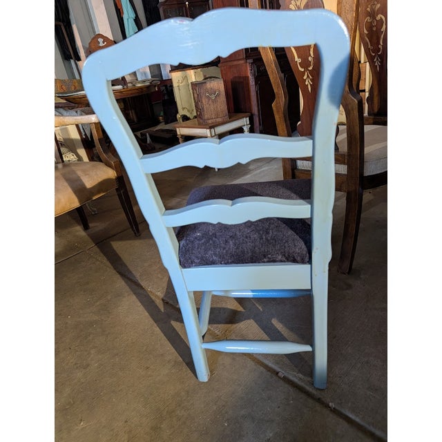 French Provincial Vintage Sky Blue French Provincial Ladderback Side Chair – Carved Crest & Cabriole Legs For Sale - Image 3 of 8