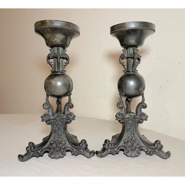 Figurative Antique 19th Century Silverplate Ornate Figural Dolphin Candlestick Holders For Sale - Image 3 of 11