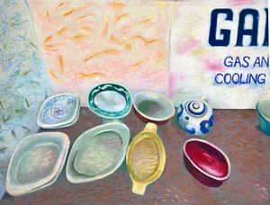 1980s Expressionist Still Life With Dishes Pastel/Acrylic on Rag Paper by Kathie Brown