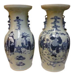19th Century Qing Chinese Blue & White on Celadon Ground Vases - a Pair