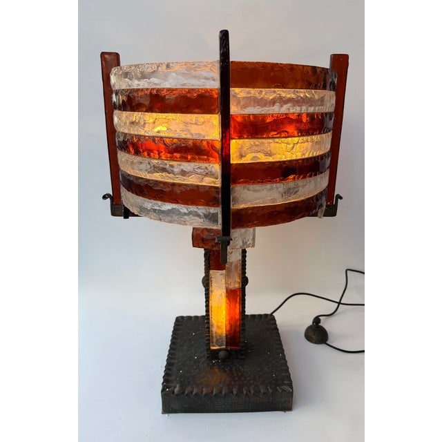 Mid-Century Modern Large Hammered Glass Wrought Iron Lamp by Longobard, Italy, 1970s For Sale - Image 3 of 12