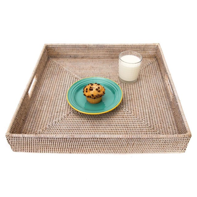 2020s Artifacts Rattan Square Ottoman Tray with Cutout Handles in White Wash - 20" For Sale - Image 5 of 9