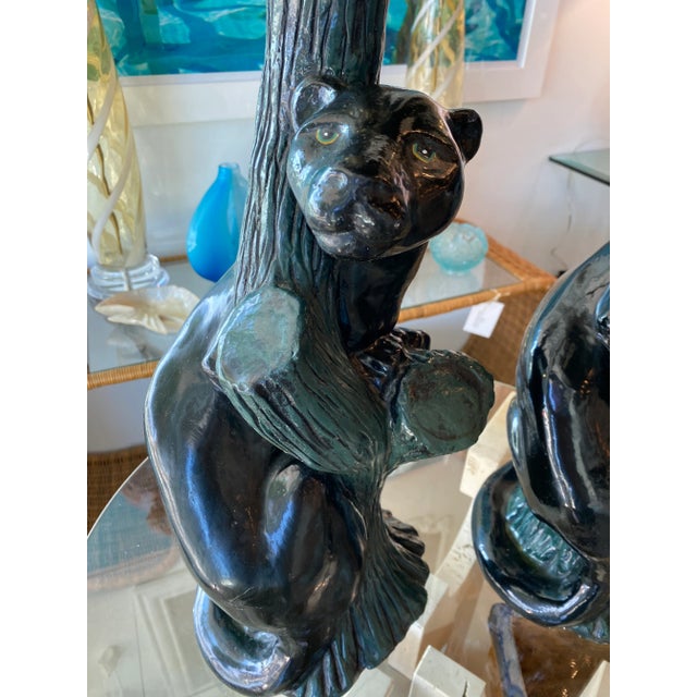 Vintage Pair of Mid-Century Modern Plaster Black Panther Cat Table Lamps For Sale In West Palm - Image 6 of 13