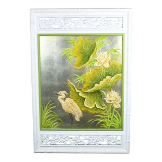 Faux Bamboo Floral and Crane Art For Sale