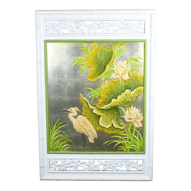 Faux Bamboo Floral and Crane Art For Sale