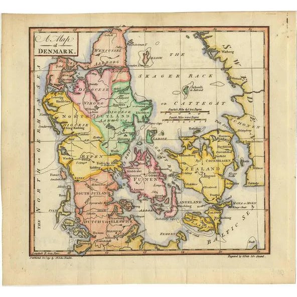 Antique Hand-Colored Map of Denmark by S. Neele, 1790 For Sale