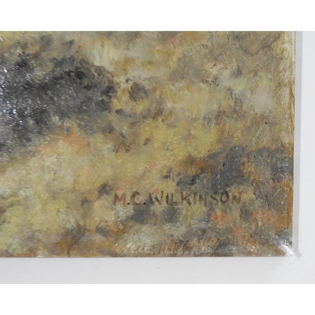 Late 20th century oil on masonite painting of rooster and hens. Signed M.C. Wilkinson lower right corner. Unframed,...