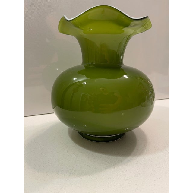 Boho Chic Olive Green Vase With White Flower Top For Sale - Image 10 of 12