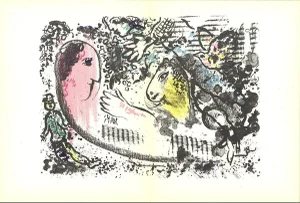1969 Marc Chagall 'DLM No. 182 pages 4, 5' Modernism Black & White, Pink, Yellow, Blue Lithograph