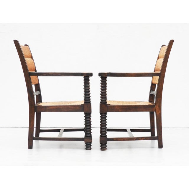 French Oak and Rush Armchairs by Charles Dudouyt, 1940s, Set of 2 For Sale - Image 4 of 9