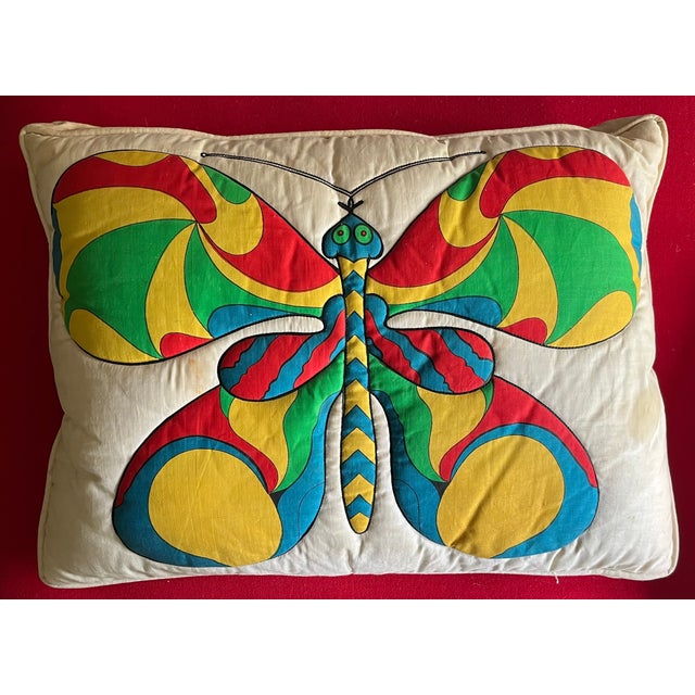 Mid-Century Modern Rectangular Accent Pillow With Quilted Mod Graphic Butterfly Design Circa 1970 For Sale - Image 9 of 9