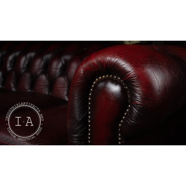 Vintage Oxblood Leather Three-Cushion Chesterfield Sofa For Sale In Chicago - Image 6 of 9