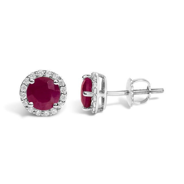 Contemporary 10K White Gold Red Ruby and 1/6 Cttw Diamond Halo Stud Earring For Sale - Image 3 of 5