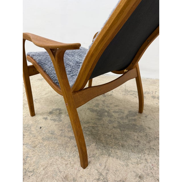 Cornflower Blue Yngve Ekström Lamino Teak Wood Frame Armchair With Sheepskin Fabric for Swedese For Sale - Image 8 of 17