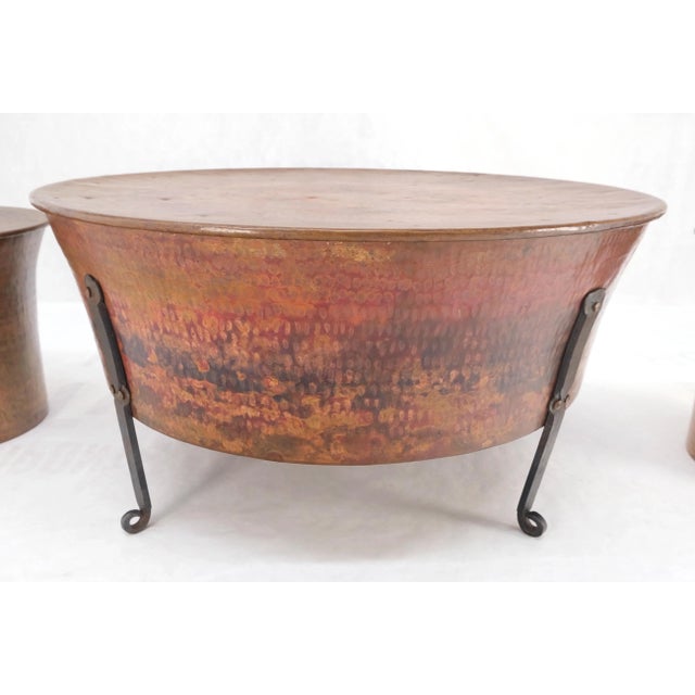 Vintage Hummered Forged Copper & Iron Round Coffee Table & Pair of Stools Seats - Set of 3 For Sale - Image 4 of 12