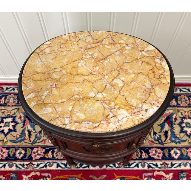 Wood Antique Pair French Louis XVI Style Marble Top NIghtstands End Tables c.1920s-30 For Sale - Image 7 of 18