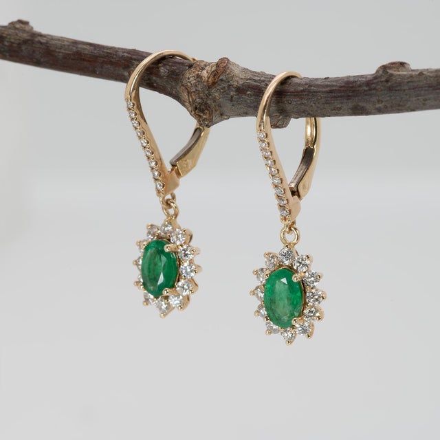 2020s Zambian Emerald Earrings With Natural Diamonds Accents: Solid 14k Gold, 6x4mm, A Pair For Sale - Image 5 of 7