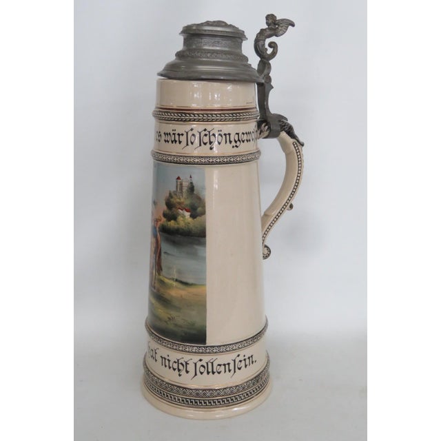 Early 20th Century Marzi and Remy Tall Extra Large Ceramic Pewter Lidded Beer Stein For Sale - Image 9 of 16
