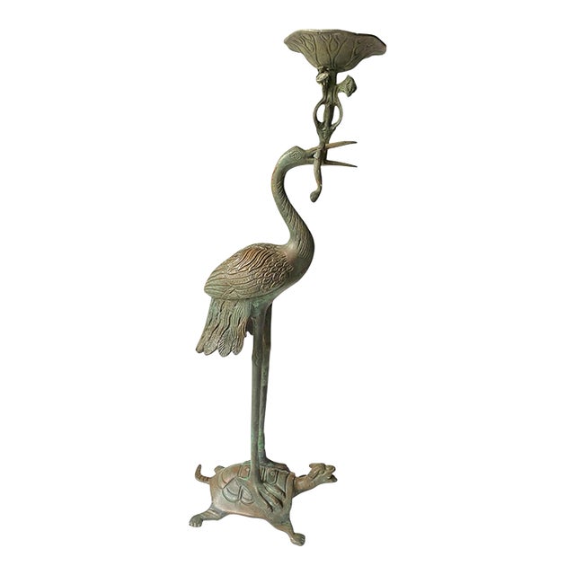 Tsuru-Kame Japanese Brass Crane and Turtle Pricket Candleholder For Sale
