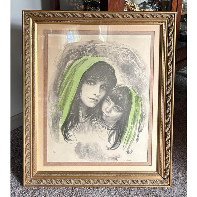 Hollywood Regency 1970’s Vintage Lithograph of Mother and Daughter Signed & Numbered Framed For Sale - Image 3 of 9
