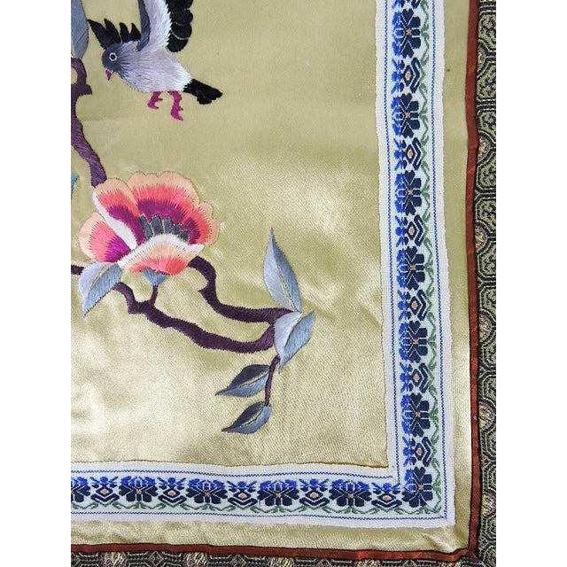 1980s 1980s Embroidered Gold Chinese Floral Table or Lamp Mat With Bird and Red & Blue Flowers For Sale - Image 5 of 6