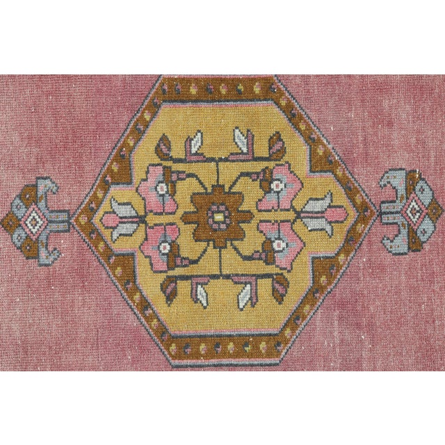 Vintage Anatolian Geometric Medallion Rug - Handwoven Turkish Pink & Mustard Vintage Rug -3' X 6' For Sale - Image 11 of 11