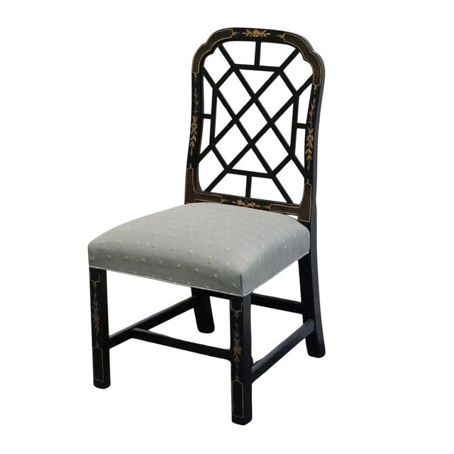 KINDEL FURNITURE Black & Gold Chinese Chippendale Style Lattice Back Dining Side Chair 37.5" High 20.25" Wide 22" Deep...