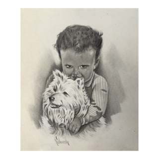 1940s Original Signed Graphite Illustration of Child Embracing Terrier Dog, 10.5 × 8.5 In. For Sale