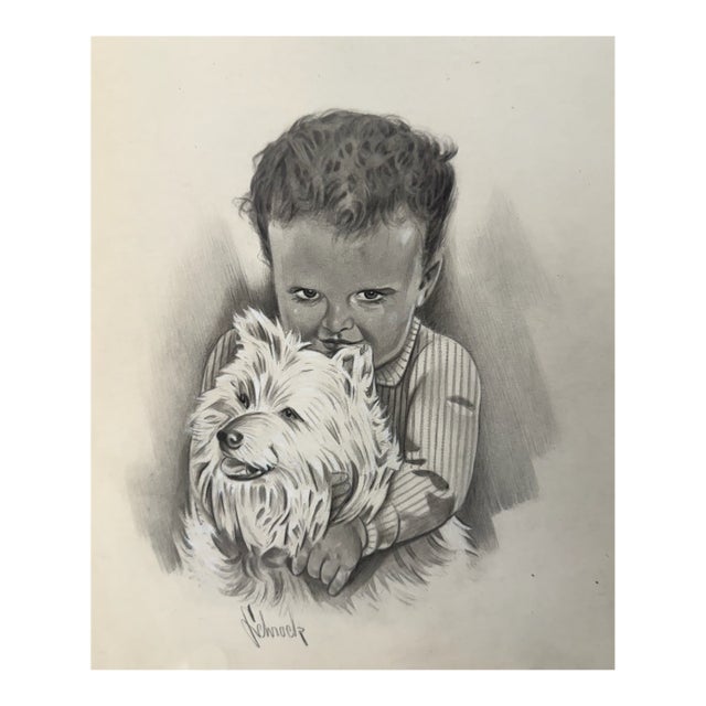 1940s Original Signed Graphite Illustration of Child Embracing Terrier Dog, 10.5 × 8.5 In. For Sale