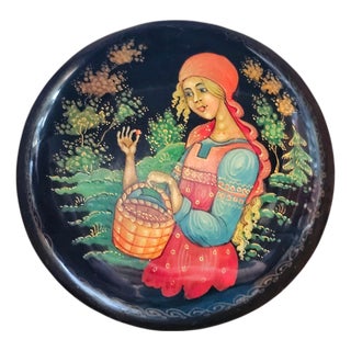 Russian Palekh Style Hand Painted Lacquer Miniature Trinket Box Signed “Autumn” 2.125" For Sale