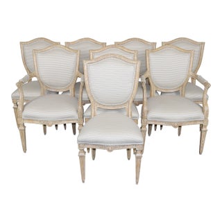 Set of 8 Directoire Shield Back Louis XVI Style Distressed Painted Dining Chairs For Sale