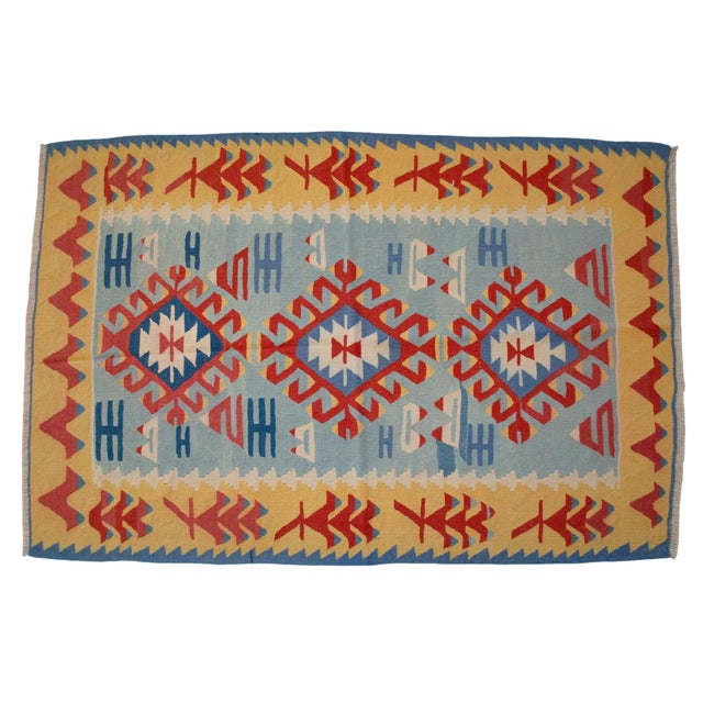 Sky Blue Vintage Handwoven Turkish Kilim Rug – Authentic Anatolian Flat Weave Boho Farmhouse Decor – 3′8″ × 5′7″ For Sale - Image 8 of 12