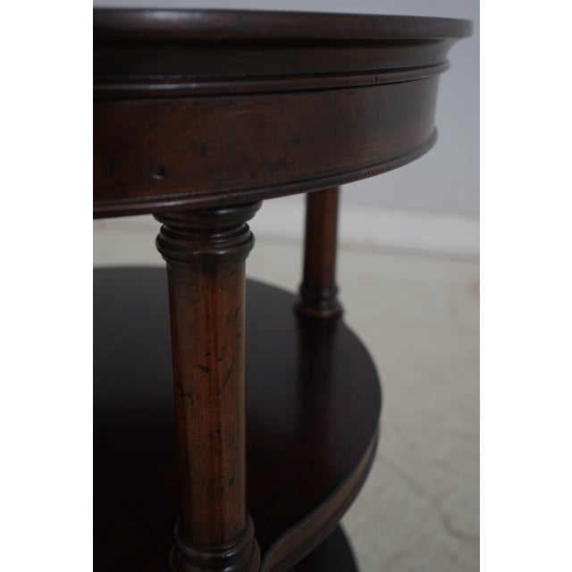 Brown Pair Round Leather Top Distressed Finish Occasional Tables For Sale - Image 8 of 12