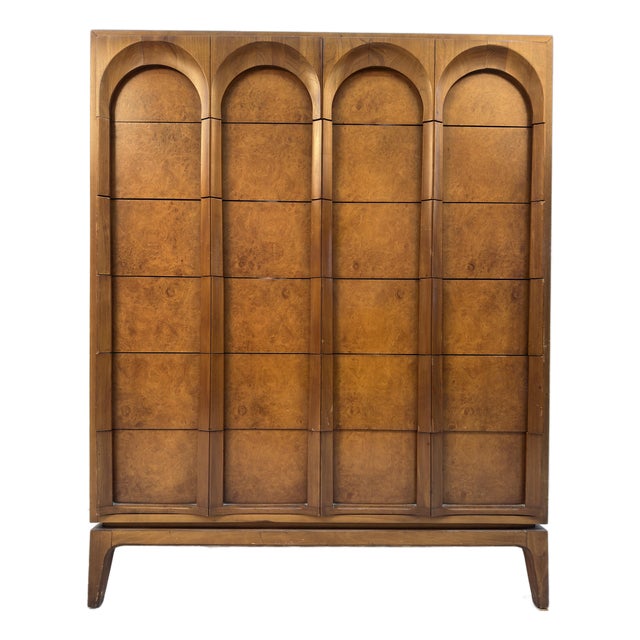 Mid-Century Sculptural Arched Walnut and Burlwood Highboy Dresser by Thomasville For Sale