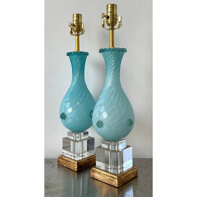 Tiffany Blue Vintage Italian Murano Glass Lamps - A Pair For Sale - Image 8 of 12
