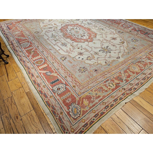 Vintage Turkish Oushak Rug, Hand-Knotted Geometric Pattern, Ivory & Brick Red, 12' X 14' For Sale - Image 4 of 13